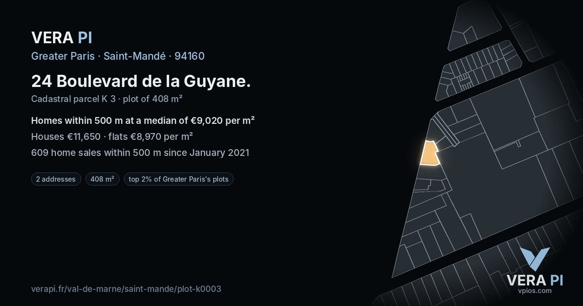 24 Boulevard de la Guyane, Saint-Mandé at night – the plot lit, the parcels around coloured by the prices near them