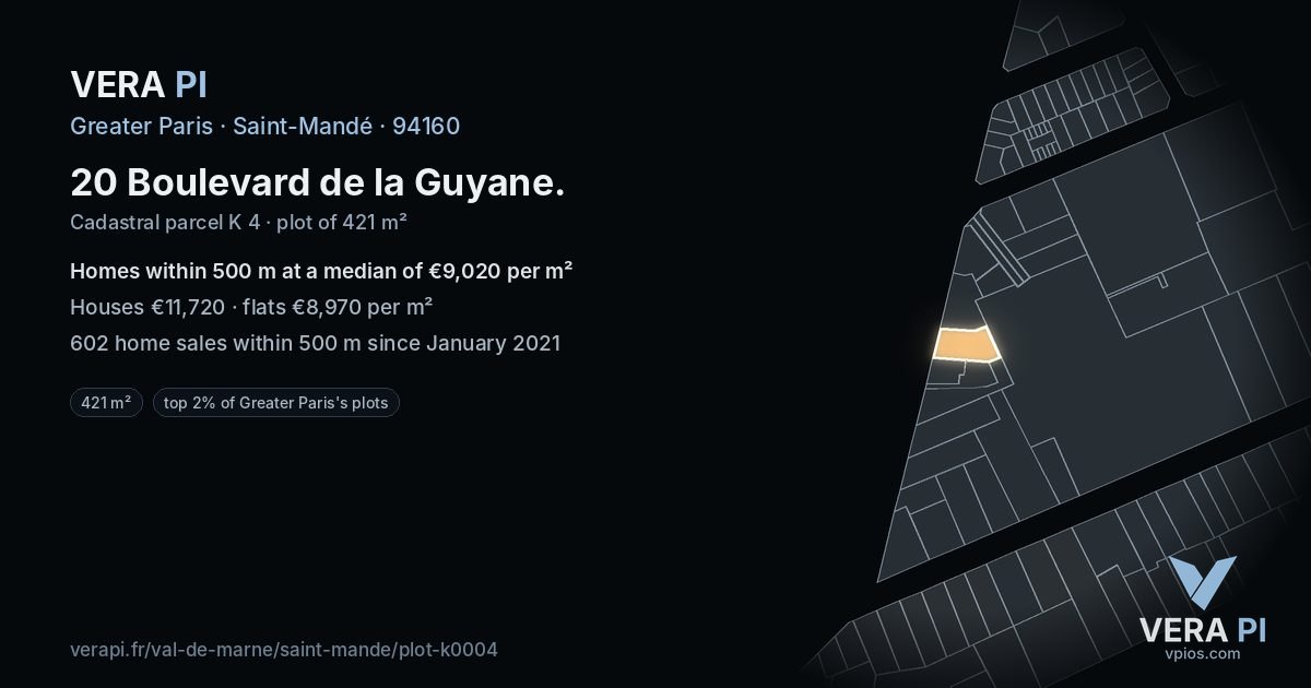 20 Boulevard de la Guyane, Saint-Mandé at night – the plot lit, the parcels around coloured by the prices near them