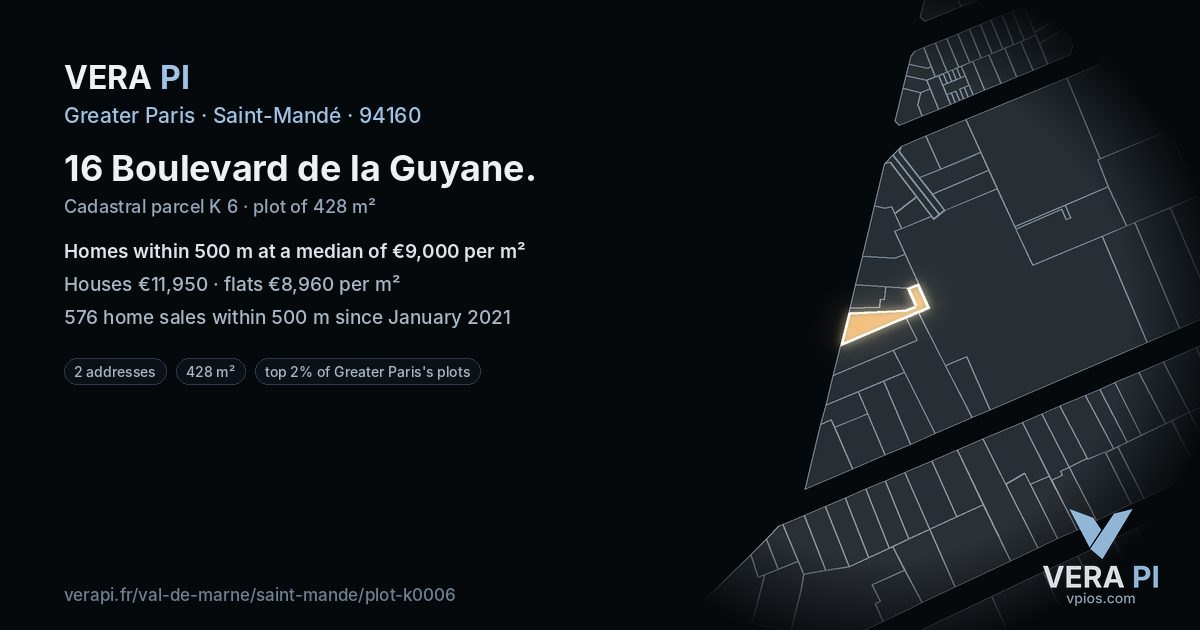 16 Boulevard de la Guyane, Saint-Mandé at night – the plot lit, the parcels around coloured by the prices near them