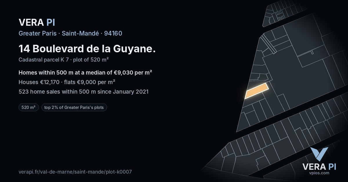 14 Boulevard de la Guyane, Saint-Mandé at night – the plot lit, the parcels around coloured by the prices near them