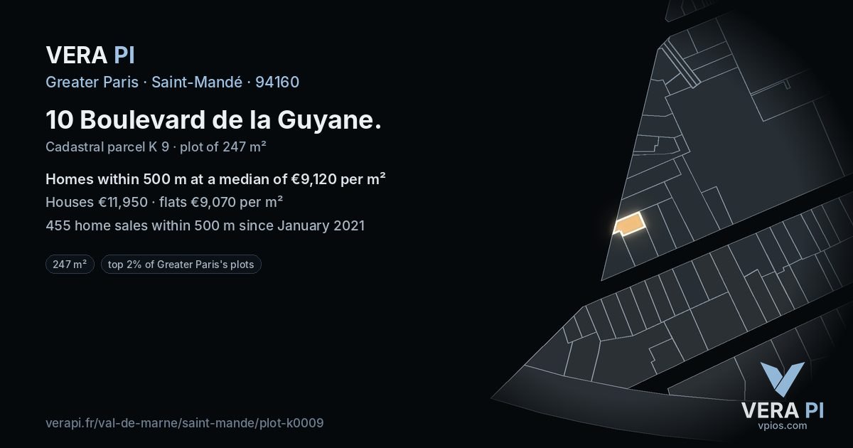 10 Boulevard de la Guyane, Saint-Mandé at night – the plot lit, the parcels around coloured by the prices near them