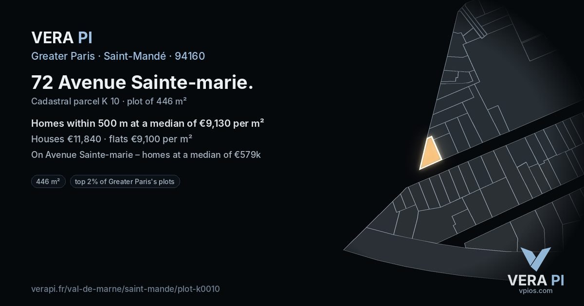 72 Avenue Sainte-marie, Saint-Mandé at night – the plot lit, the parcels around coloured by the prices near them