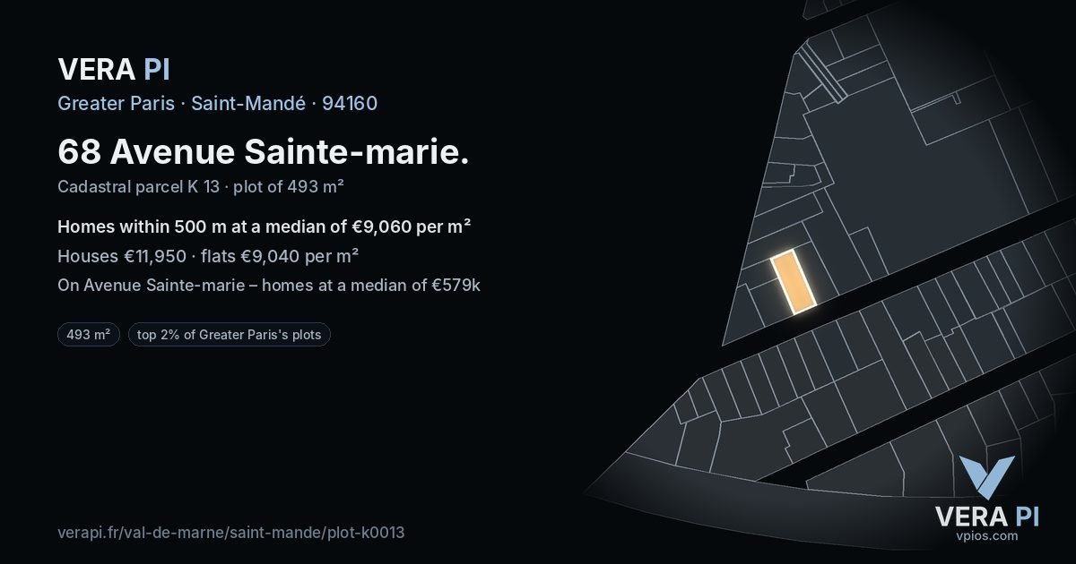 68 Avenue Sainte-marie, Saint-Mandé at night – the plot lit, the parcels around coloured by the prices near them