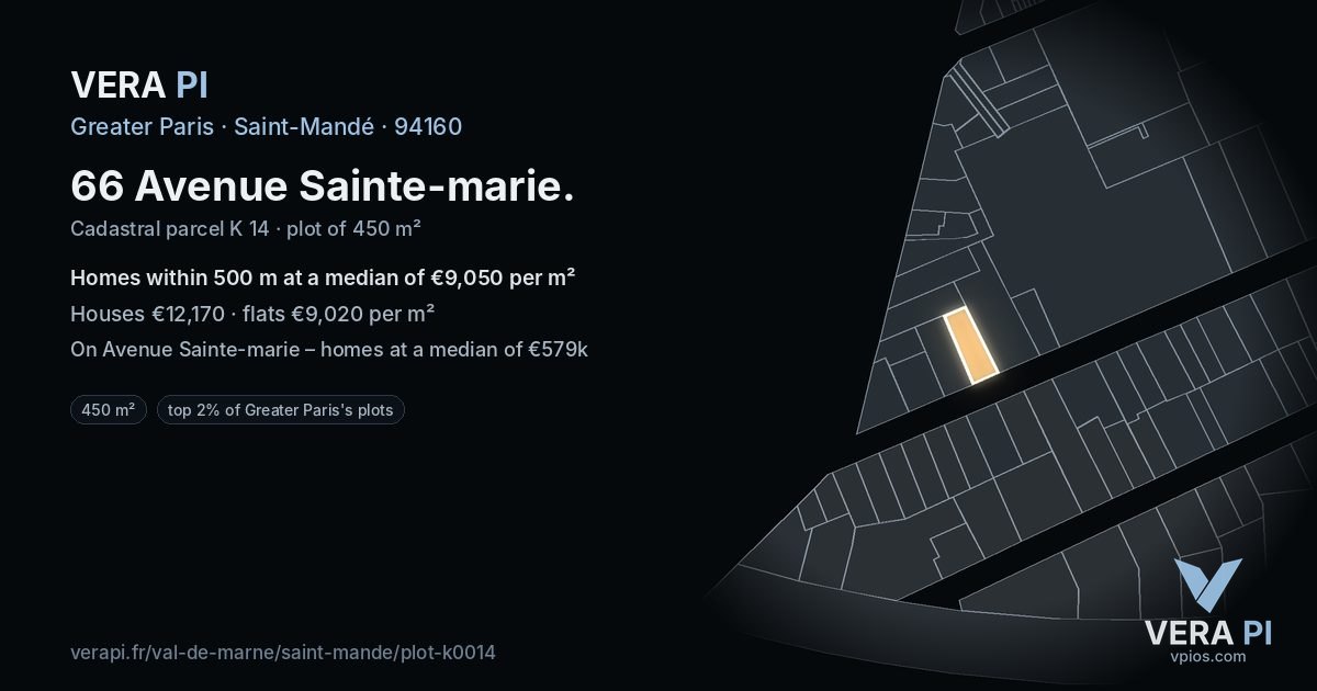 66 Avenue Sainte-marie, Saint-Mandé at night – the plot lit, the parcels around coloured by the prices near them