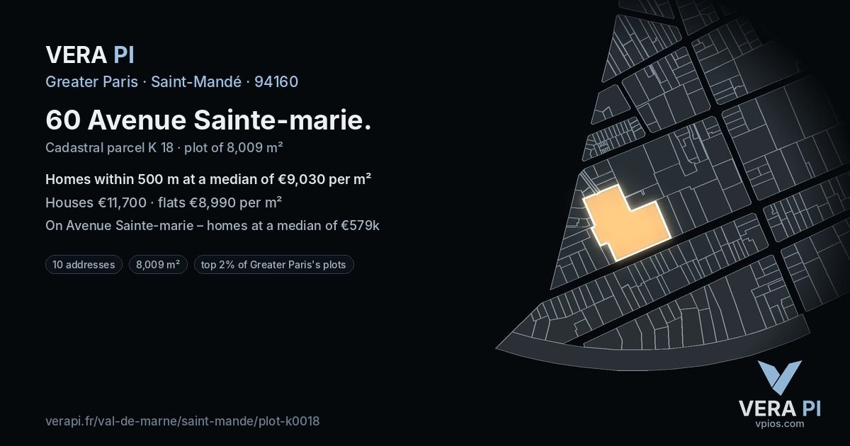 60 Avenue Sainte-marie, Saint-Mandé at night – the plot lit, the parcels around coloured by the prices near them