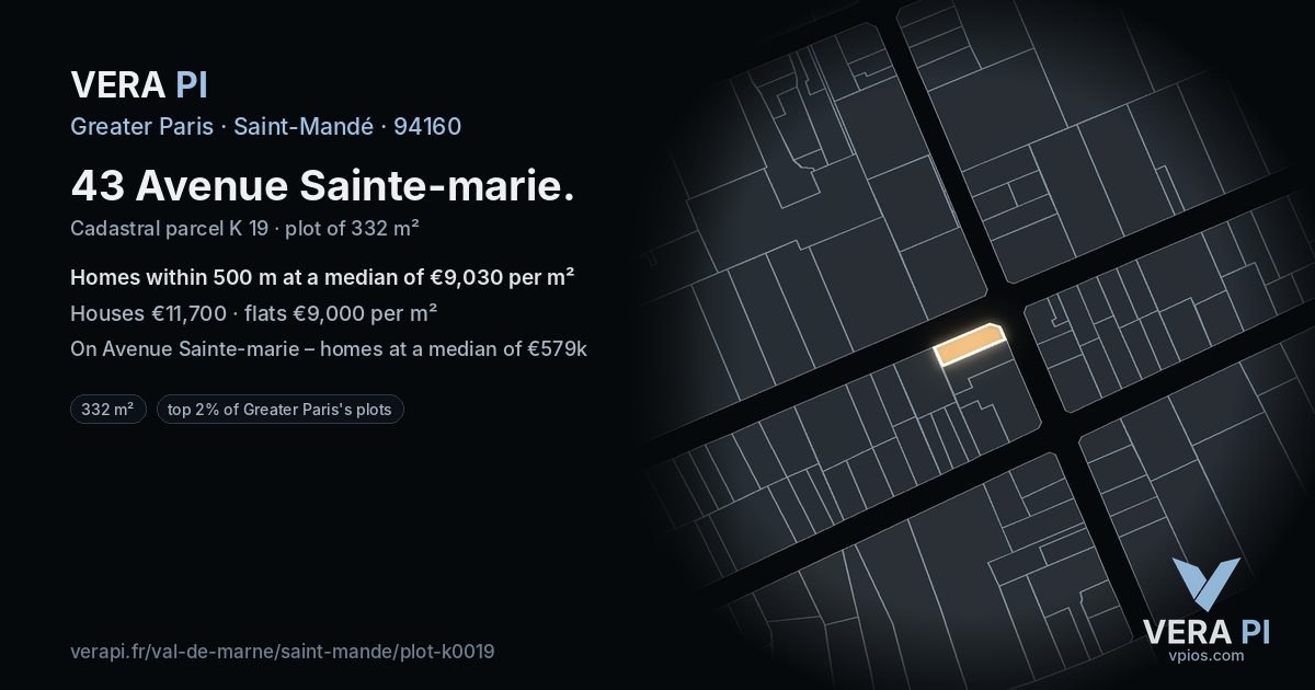 43 Avenue Sainte-marie, Saint-Mandé at night – the plot lit, the parcels around coloured by the prices near them