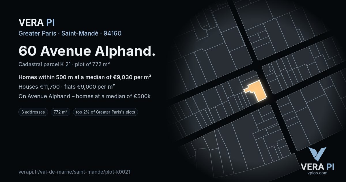 60 Avenue Alphand, Saint-Mandé at night – the plot lit, the parcels around coloured by the prices near them