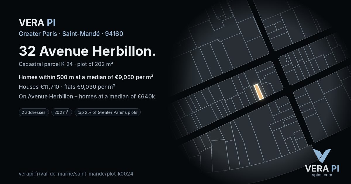 32 Avenue Herbillon, Saint-Mandé at night – the plot lit, the parcels around coloured by the prices near them