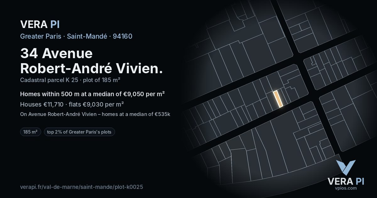 34 Avenue Robert-André Vivien, Saint-Mandé at night – the plot lit, the parcels around coloured by the prices near them