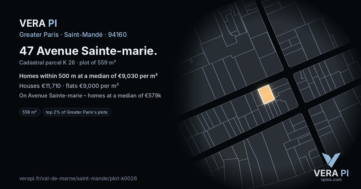47 Avenue Sainte-marie, Saint-Mandé at night – the plot lit, the parcels around coloured by the prices near them