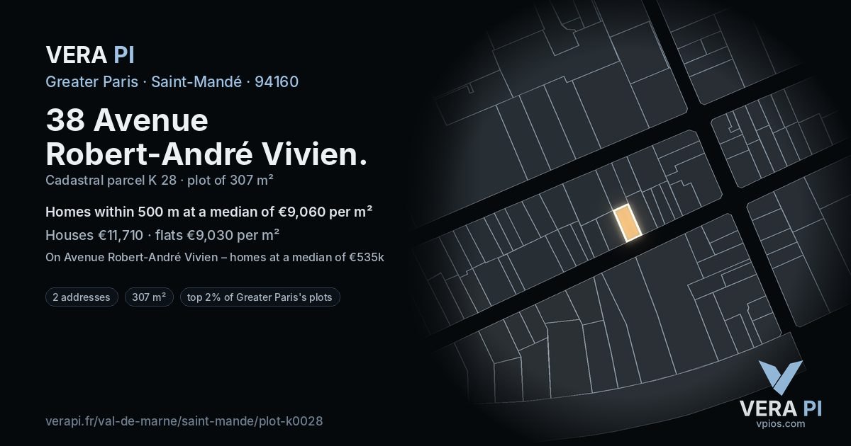 38 Avenue Robert-André Vivien, Saint-Mandé at night – the plot lit, the parcels around coloured by the prices near them