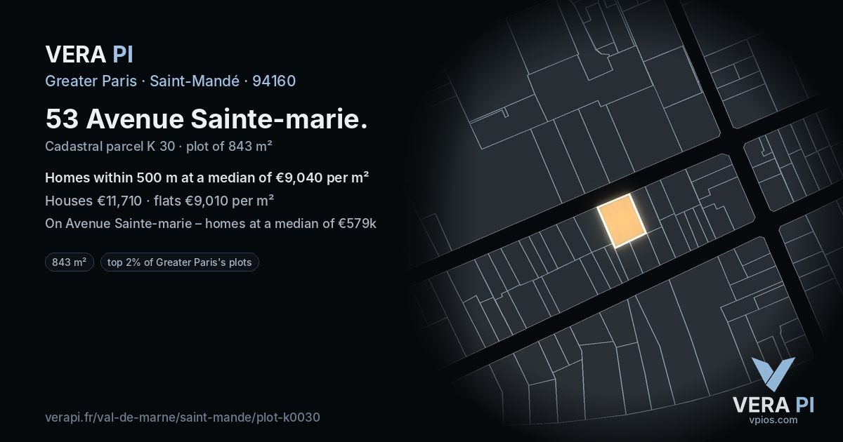 53 Avenue Sainte-marie, Saint-Mandé at night – the plot lit, the parcels around coloured by the prices near them