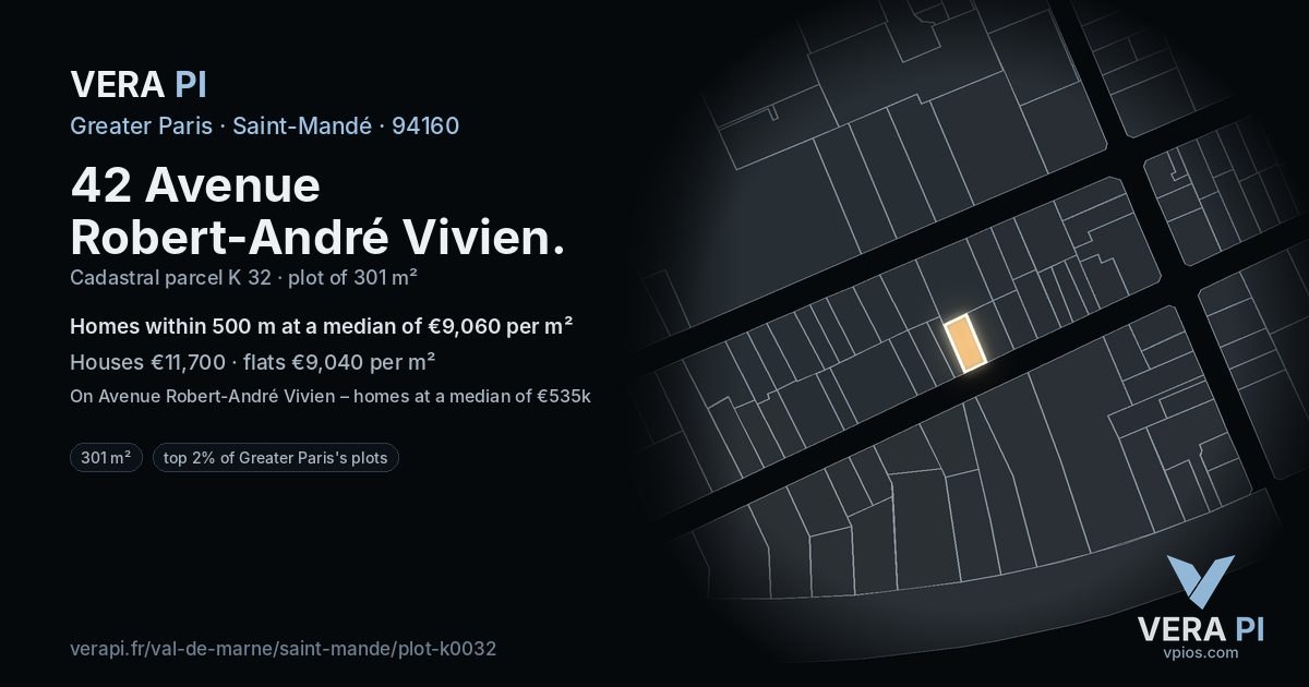42 Avenue Robert-André Vivien, Saint-Mandé at night – the plot lit, the parcels around coloured by the prices near them