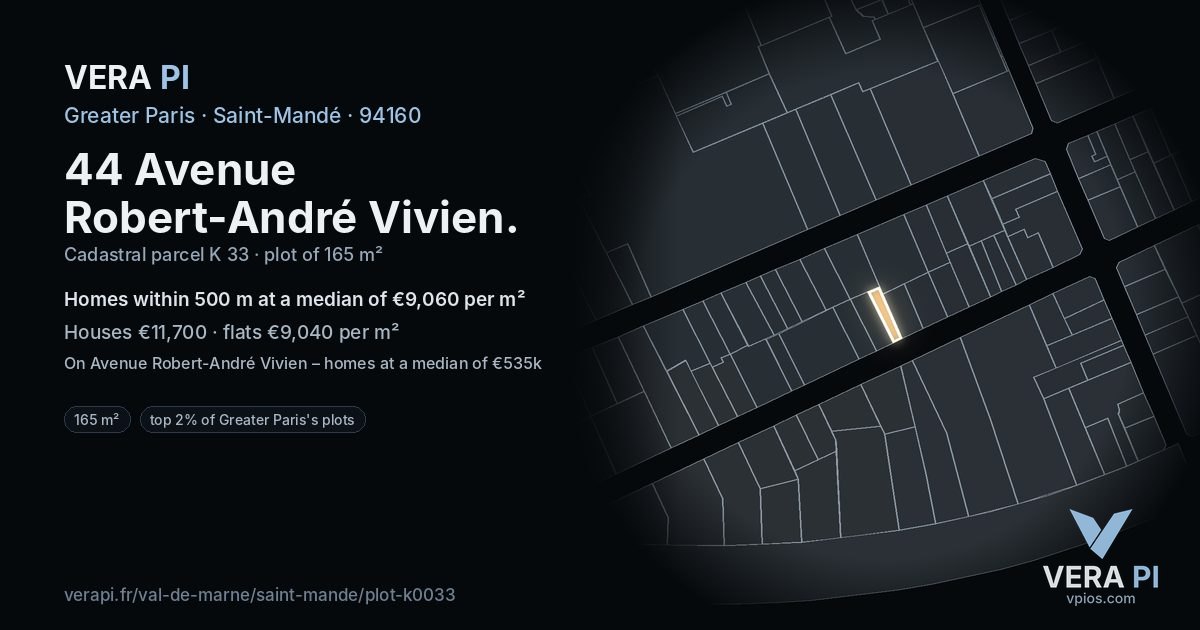 44 Avenue Robert-André Vivien, Saint-Mandé at night – the plot lit, the parcels around coloured by the prices near them