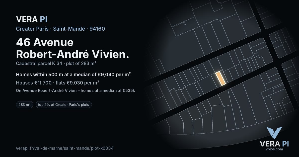 46 Avenue Robert-André Vivien, Saint-Mandé at night – the plot lit, the parcels around coloured by the prices near them