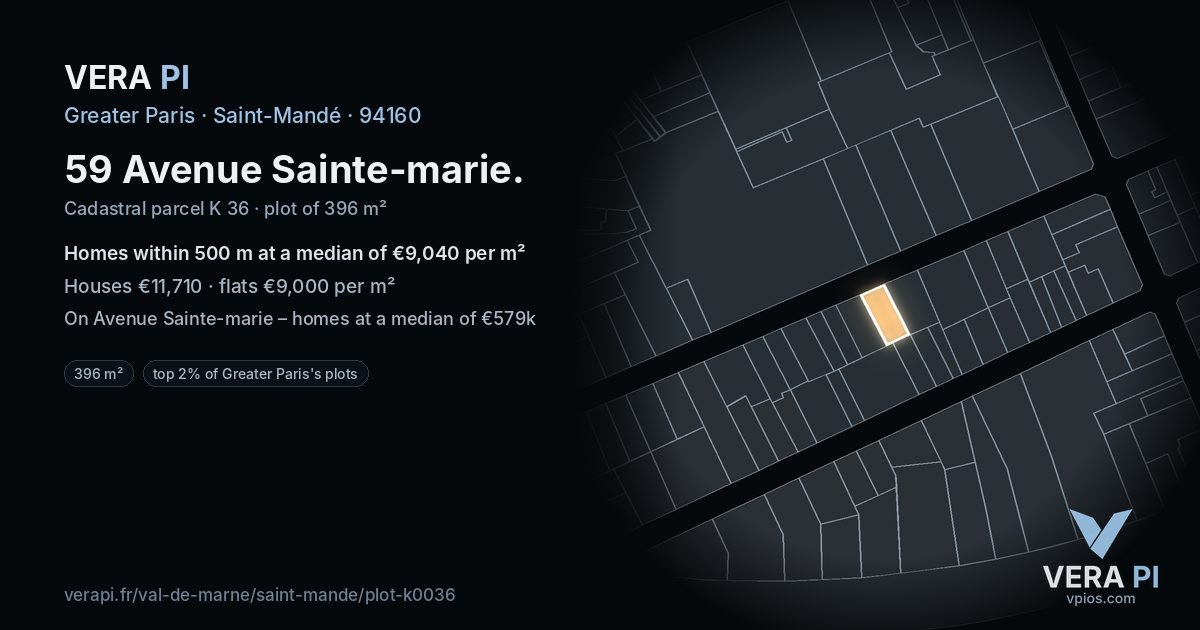 59 Avenue Sainte-marie, Saint-Mandé at night – the plot lit, the parcels around coloured by the prices near them