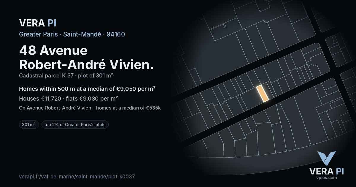 48 Avenue Robert-André Vivien, Saint-Mandé at night – the plot lit, the parcels around coloured by the prices near them