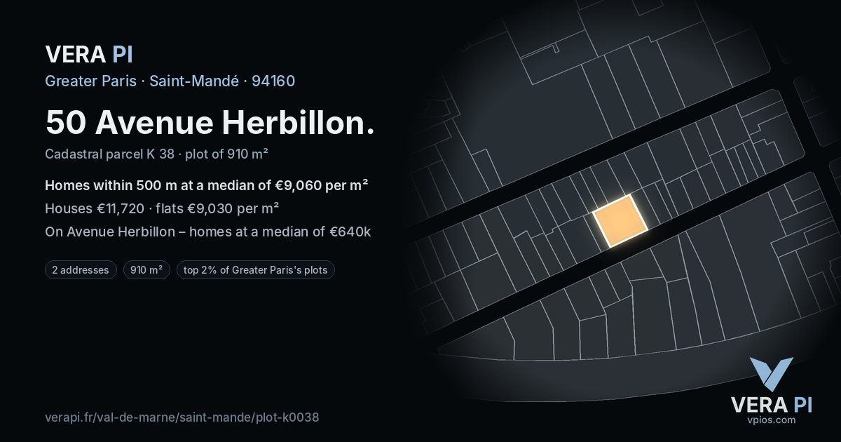 50 Avenue Herbillon, Saint-Mandé at night – the plot lit, the parcels around coloured by the prices near them