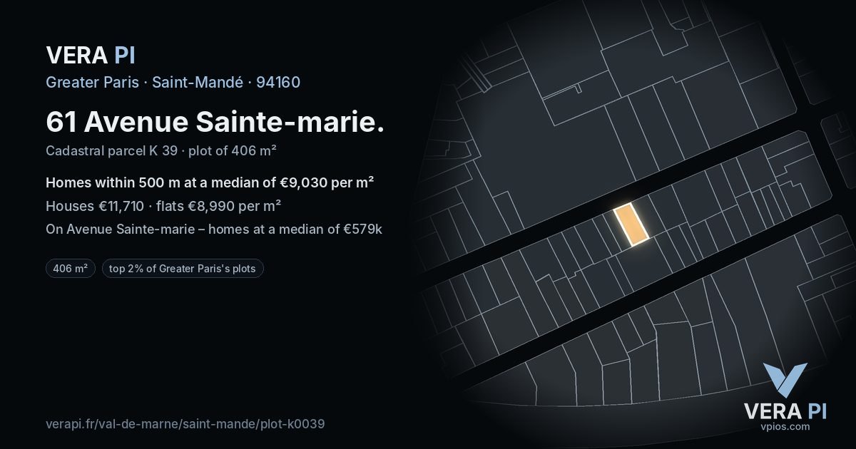 61 Avenue Sainte-marie, Saint-Mandé at night – the plot lit, the parcels around coloured by the prices near them
