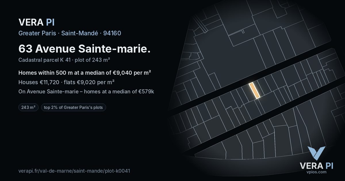 63 Avenue Sainte-marie, Saint-Mandé at night – the plot lit, the parcels around coloured by the prices near them