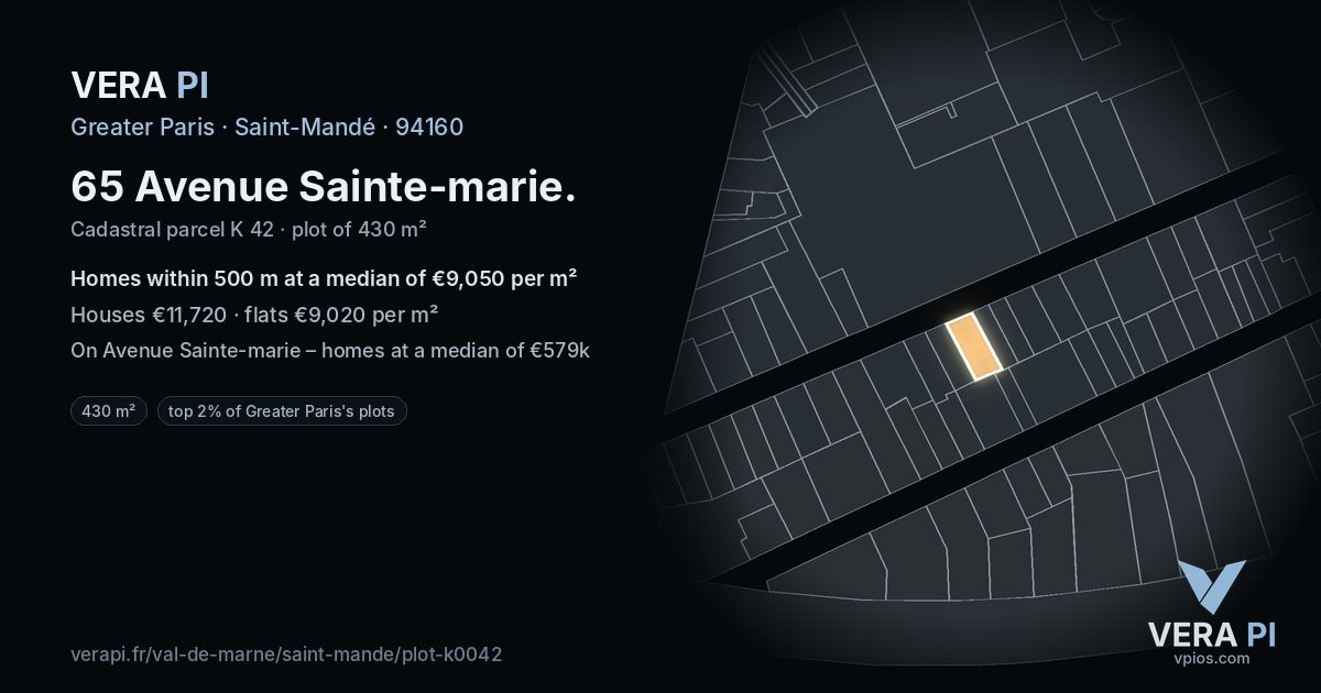 65 Avenue Sainte-marie, Saint-Mandé at night – the plot lit, the parcels around coloured by the prices near them