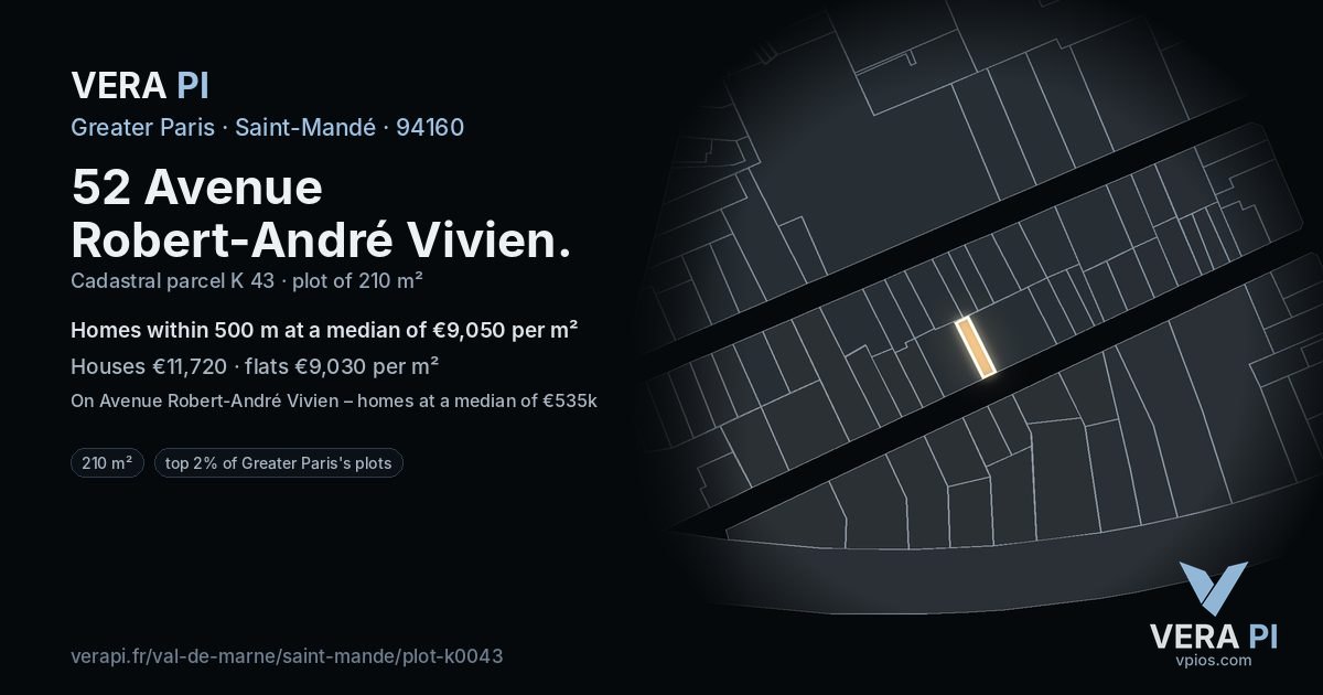 52 Avenue Robert-André Vivien, Saint-Mandé at night – the plot lit, the parcels around coloured by the prices near them