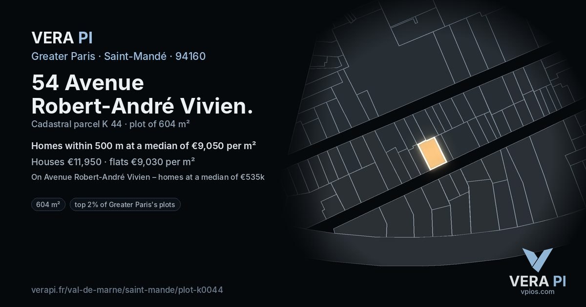 54 Avenue Robert-André Vivien, Saint-Mandé at night – the plot lit, the parcels around coloured by the prices near them