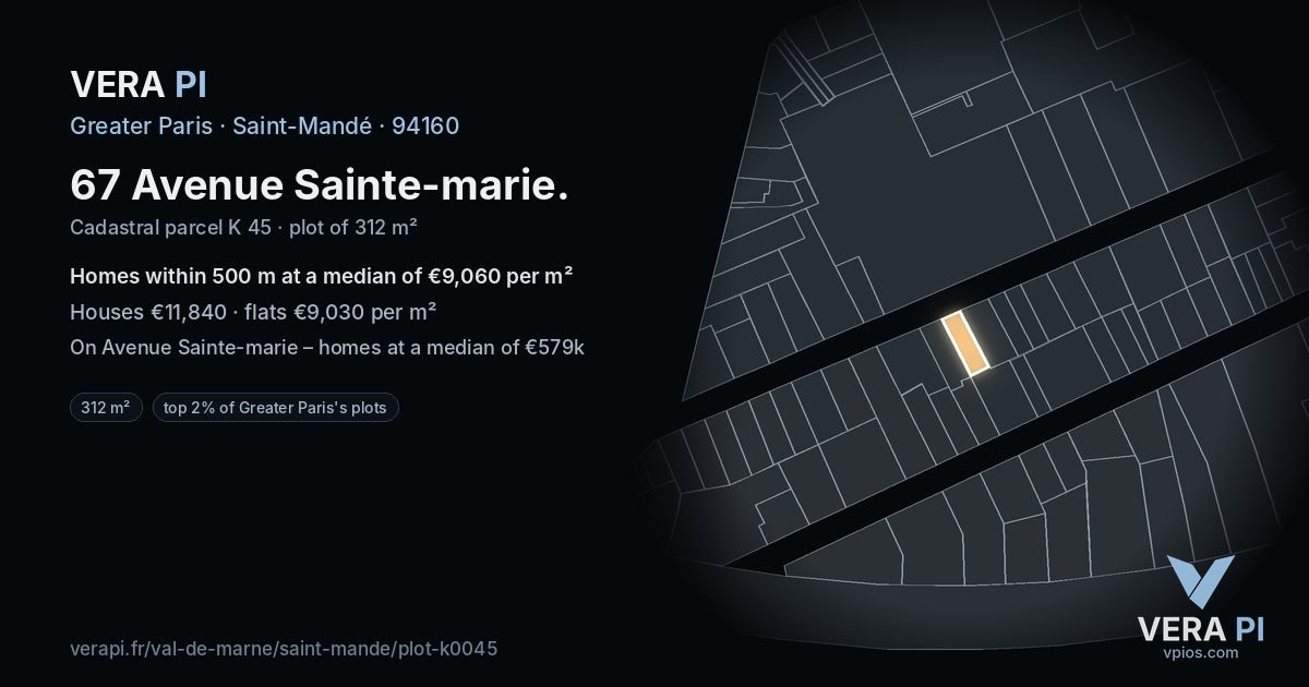 67 Avenue Sainte-marie, Saint-Mandé at night – the plot lit, the parcels around coloured by the prices near them