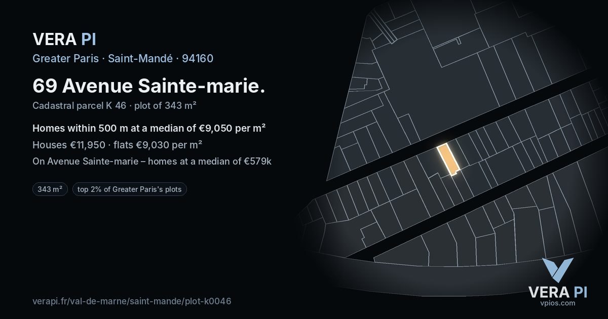 69 Avenue Sainte-marie, Saint-Mandé at night – the plot lit, the parcels around coloured by the prices near them