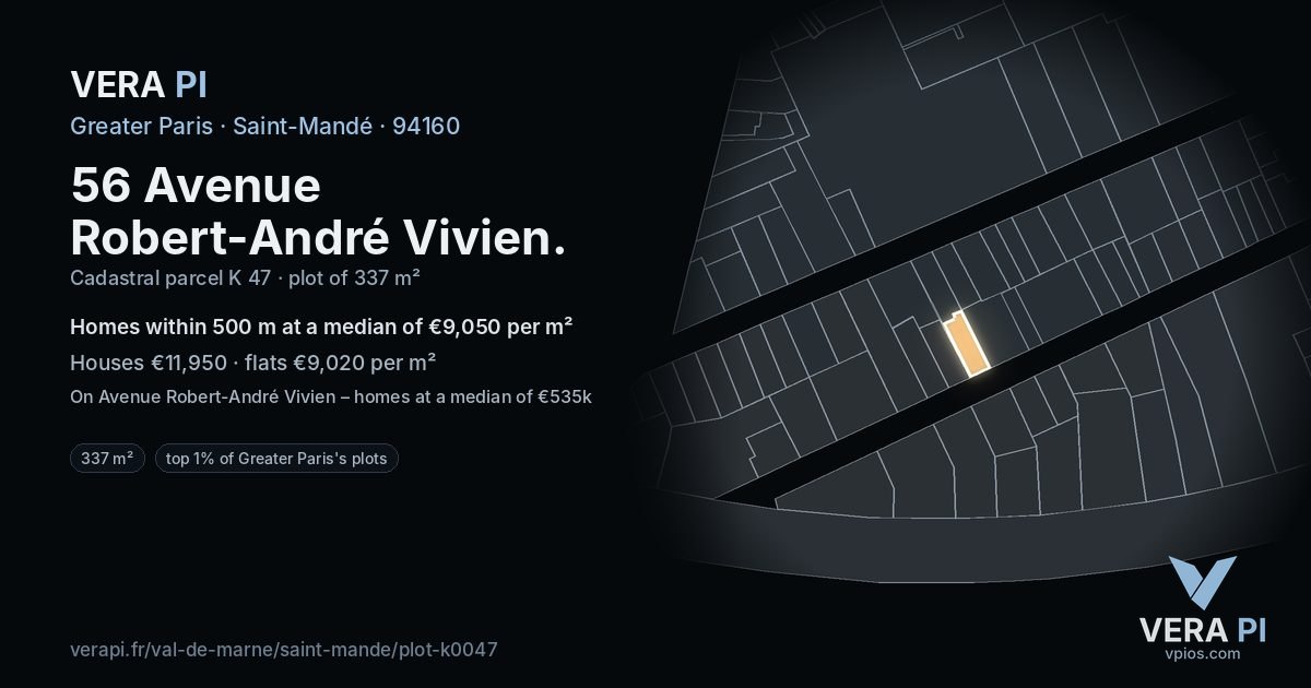 56 Avenue Robert-André Vivien, Saint-Mandé at night – the plot lit, the parcels around coloured by the prices near them
