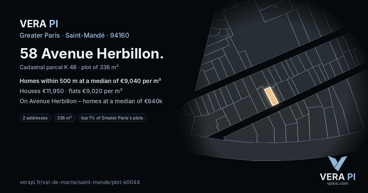 58 Avenue Herbillon, Saint-Mandé at night – the plot lit, the parcels around coloured by the prices near them