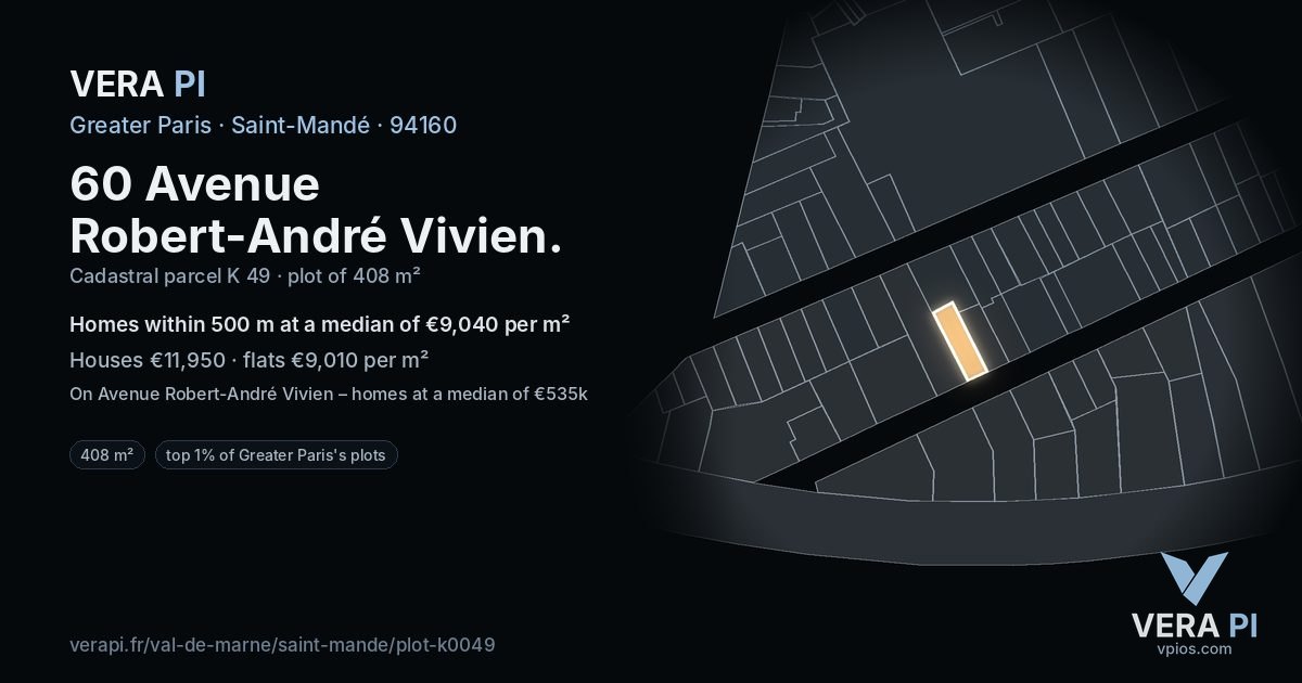 60 Avenue Robert-André Vivien, Saint-Mandé at night – the plot lit, the parcels around coloured by the prices near them