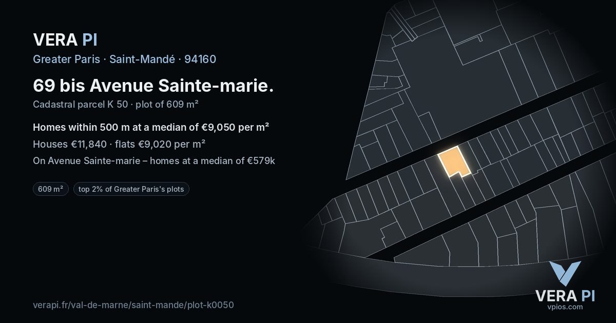 69 bis Avenue Sainte-marie, Saint-Mandé at night – the plot lit, the parcels around coloured by the prices near them
