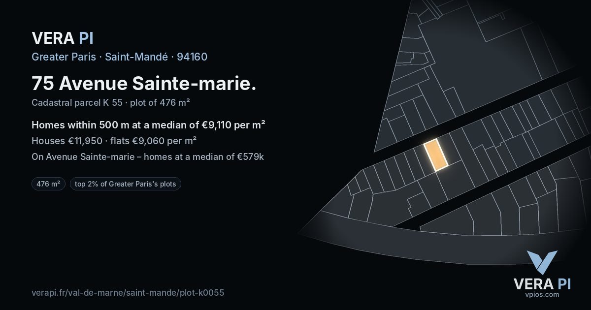 75 Avenue Sainte-marie, Saint-Mandé at night – the plot lit, the parcels around coloured by the prices near them