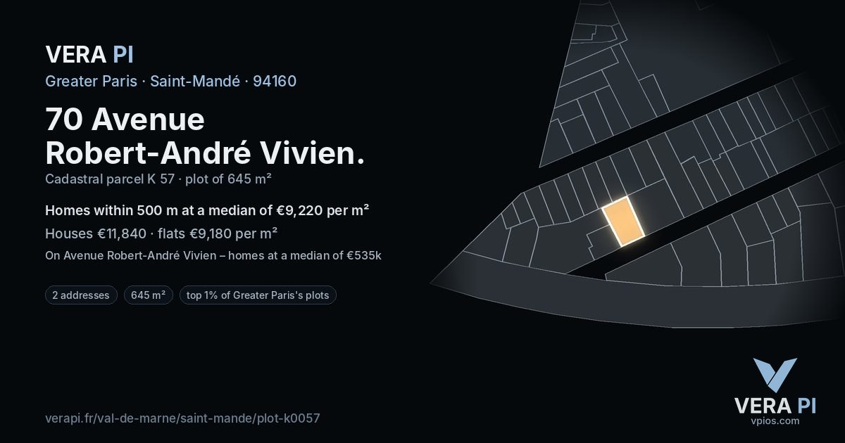 70 Avenue Robert-André Vivien, Saint-Mandé at night – the plot lit, the parcels around coloured by the prices near them