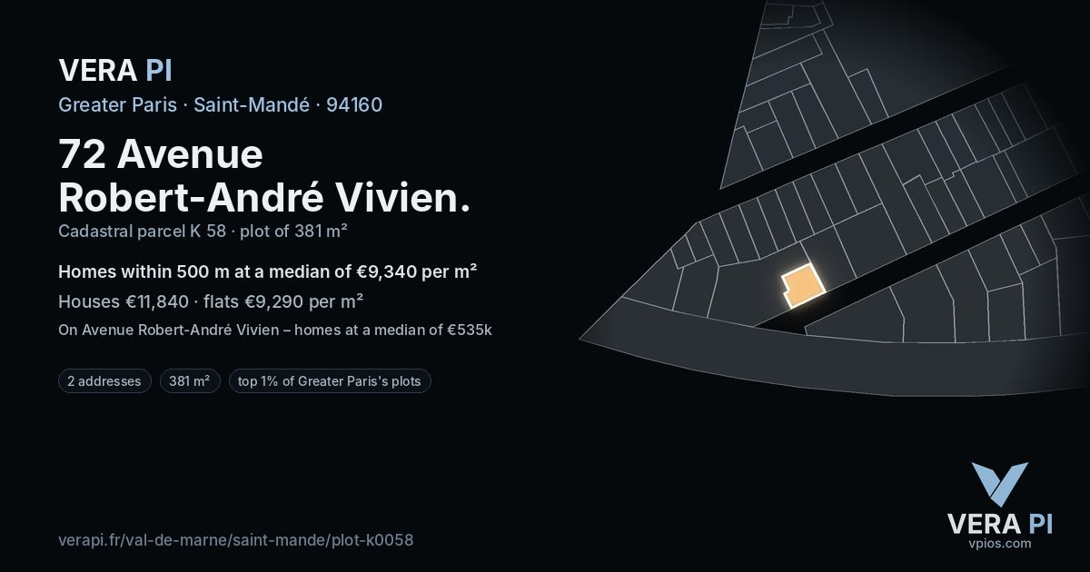 72 Avenue Robert-André Vivien, Saint-Mandé at night – the plot lit, the parcels around coloured by the prices near them