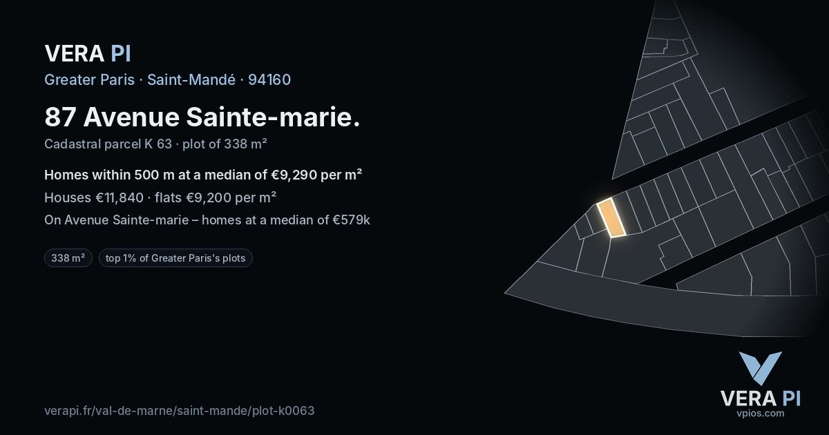 87 Avenue Sainte-marie, Saint-Mandé at night – the plot lit, the parcels around coloured by the prices near them