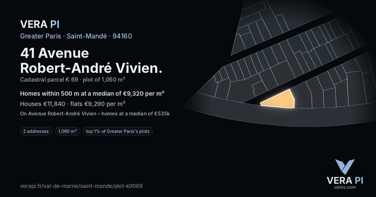 41 Avenue Robert-André Vivien, Saint-Mandé at night – the plot lit, the parcels around coloured by the prices near them