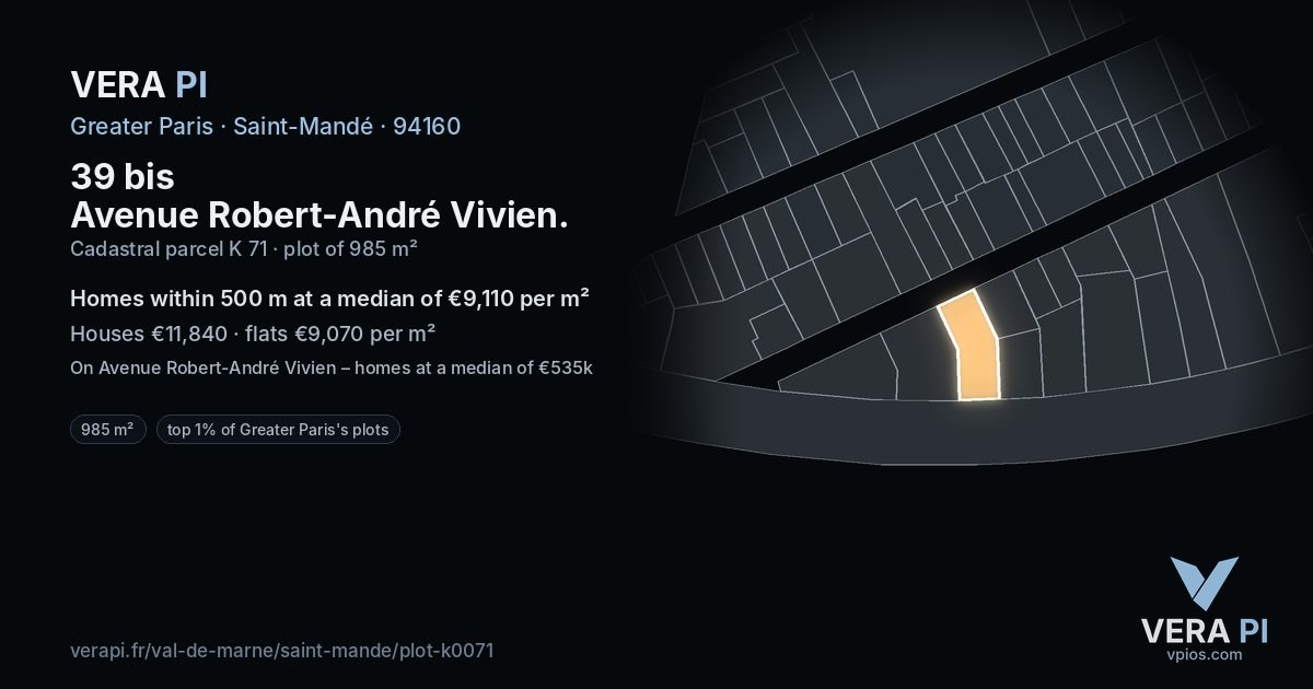 39 bis Avenue Robert-André Vivien, Saint-Mandé at night – the plot lit, the parcels around coloured by the prices near them