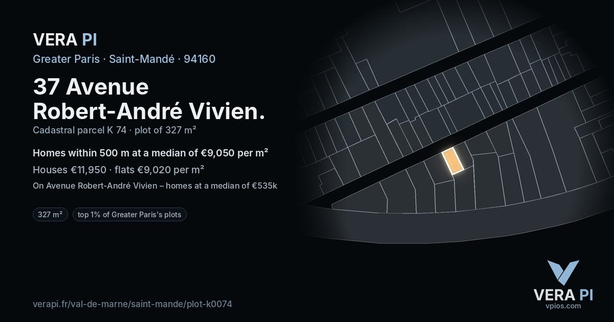37 Avenue Robert-André Vivien, Saint-Mandé at night – the plot lit, the parcels around coloured by the prices near them