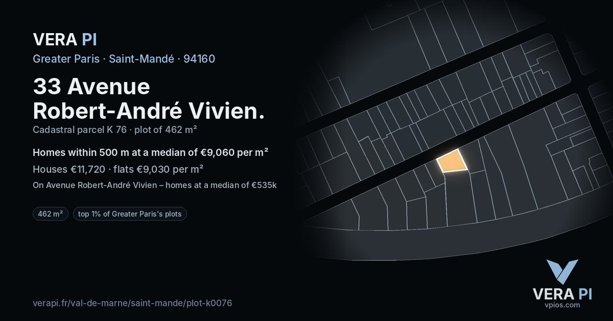 33 Avenue Robert-André Vivien, Saint-Mandé at night – the plot lit, the parcels around coloured by the prices near them