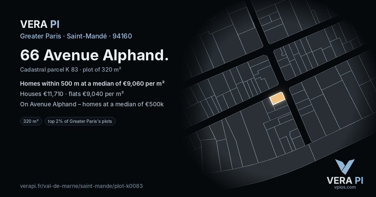 66 Avenue Alphand, Saint-Mandé at night – the plot lit, the parcels around coloured by the prices near them