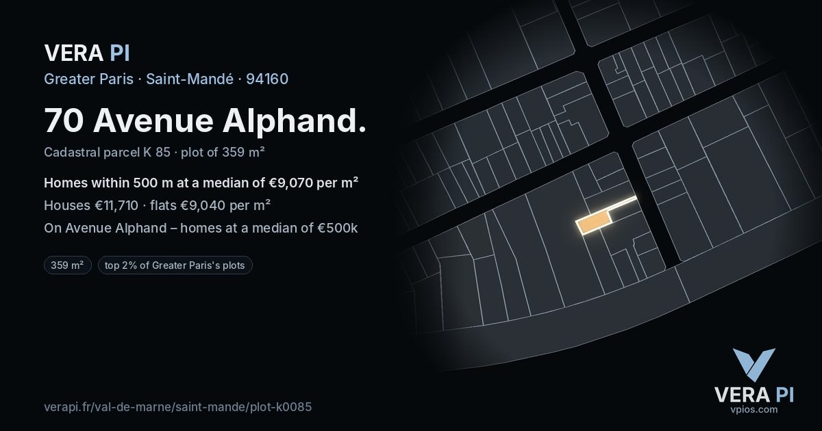 70 Avenue Alphand, Saint-Mandé at night – the plot lit, the parcels around coloured by the prices near them