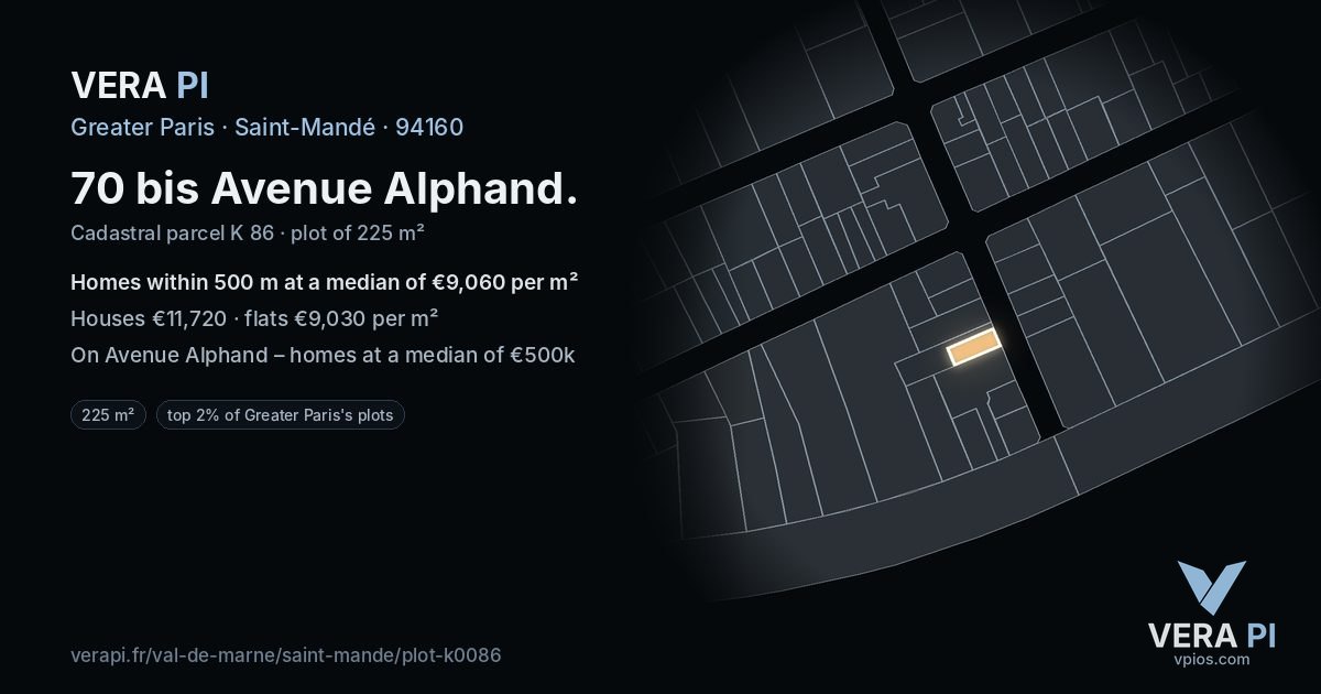 70 bis Avenue Alphand, Saint-Mandé at night – the plot lit, the parcels around coloured by the prices near them