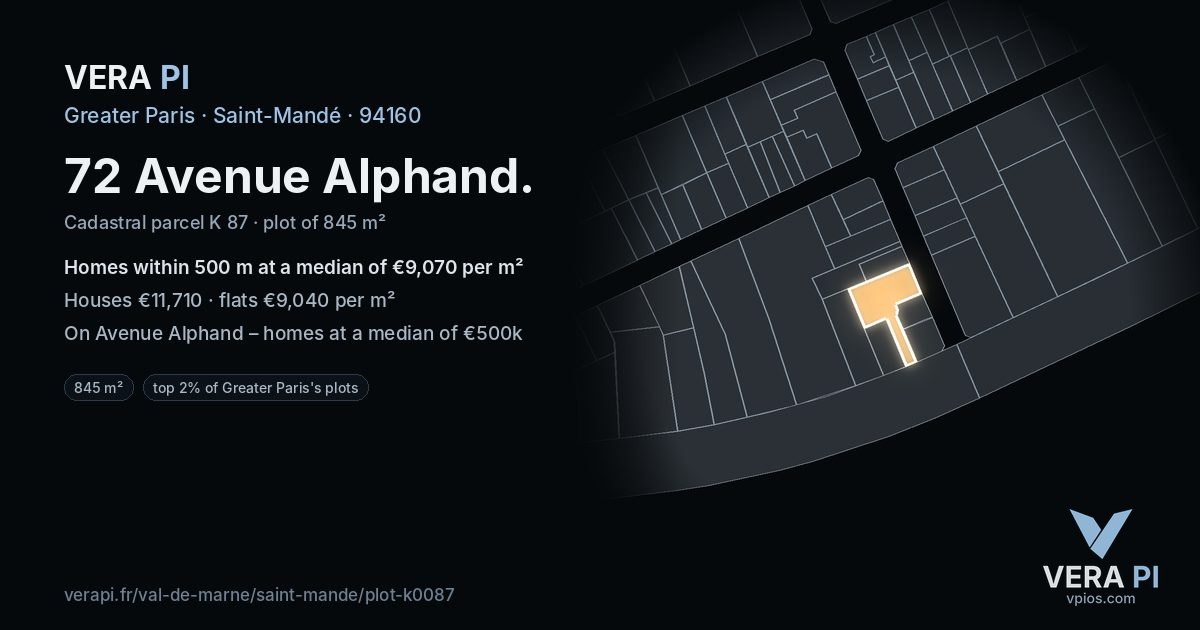 72 Avenue Alphand, Saint-Mandé at night – the plot lit, the parcels around coloured by the prices near them