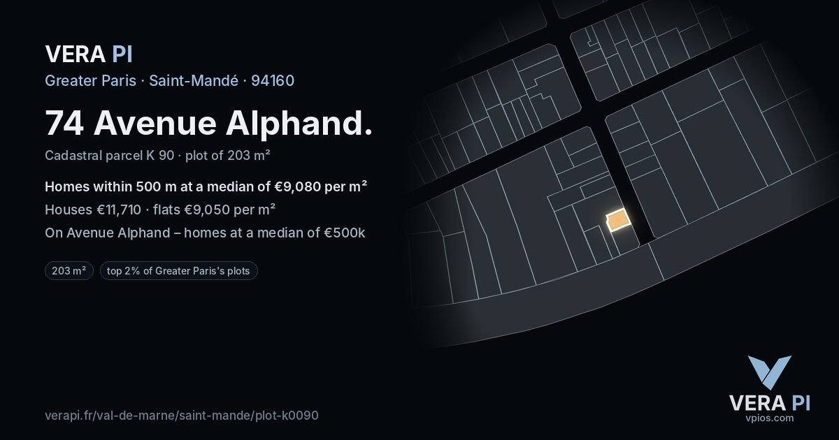 74 Avenue Alphand, Saint-Mandé at night – the plot lit, the parcels around coloured by the prices near them