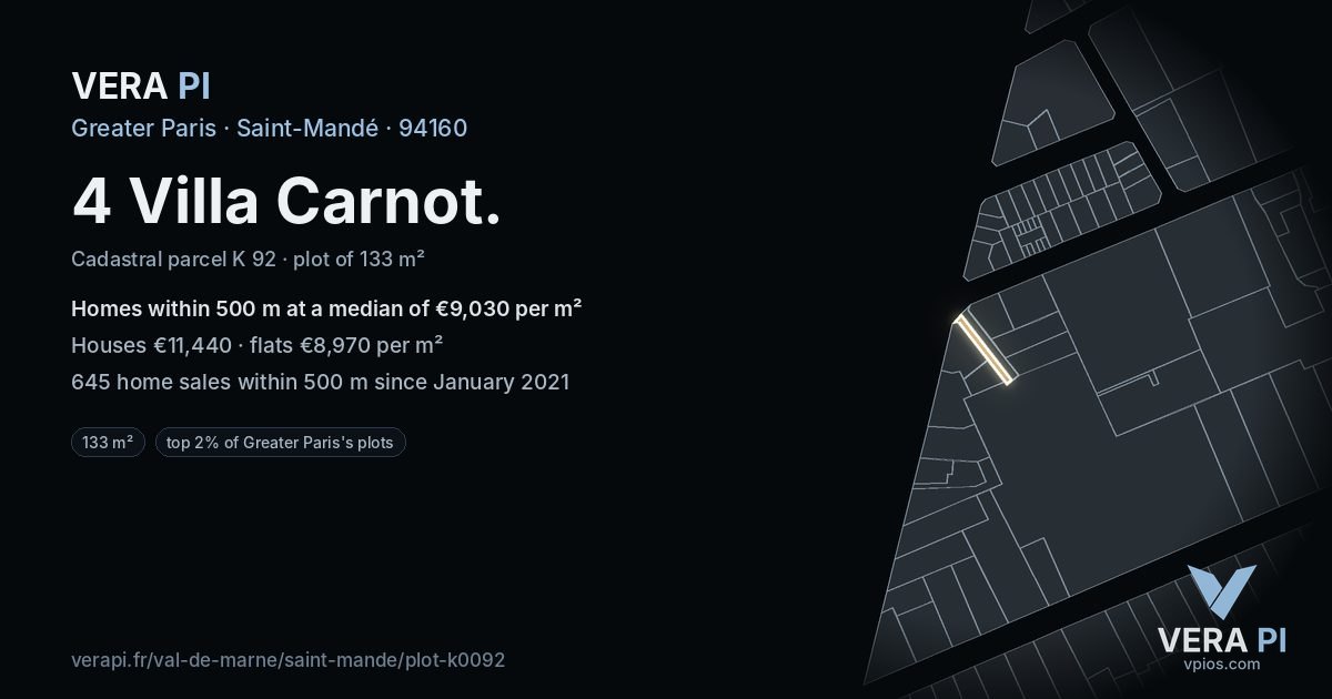4 Villa Carnot, Saint-Mandé at night – the plot lit, the parcels around coloured by the prices near them