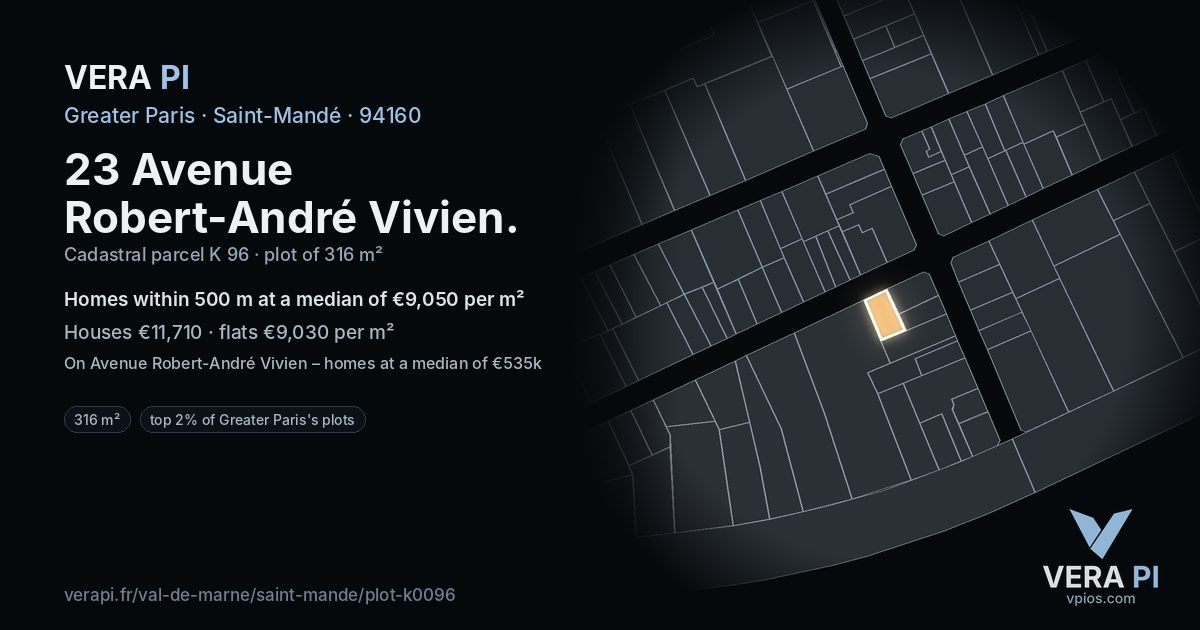 23 Avenue Robert-André Vivien, Saint-Mandé at night – the plot lit, the parcels around coloured by the prices near them