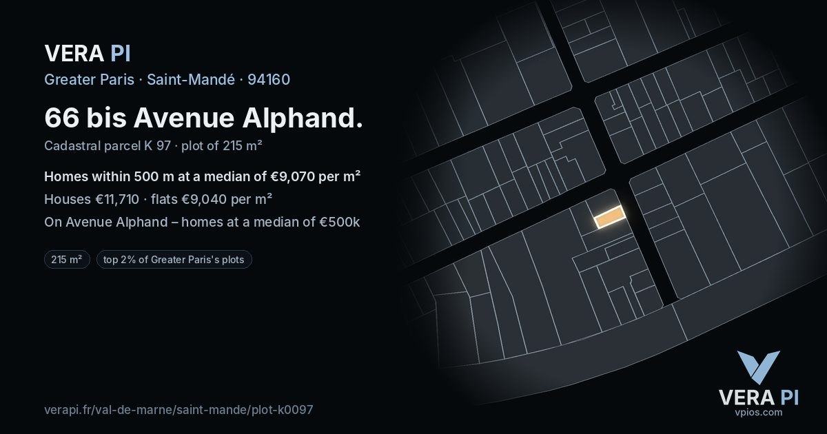 66 bis Avenue Alphand, Saint-Mandé at night – the plot lit, the parcels around coloured by the prices near them