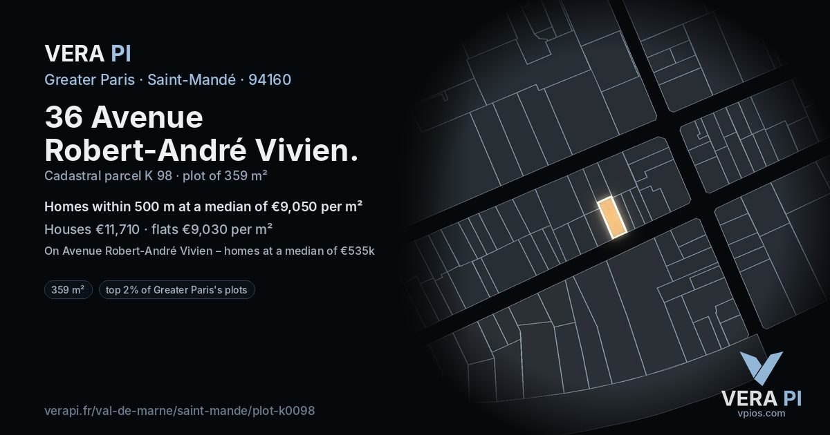 36 Avenue Robert-André Vivien, Saint-Mandé at night – the plot lit, the parcels around coloured by the prices near them